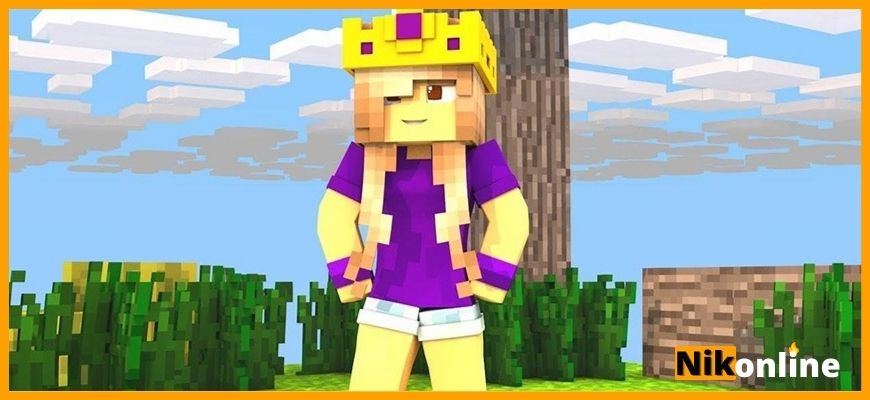 Персонаж игры Minecraft, - девица с косами в желтой короне и фиолетовой майке